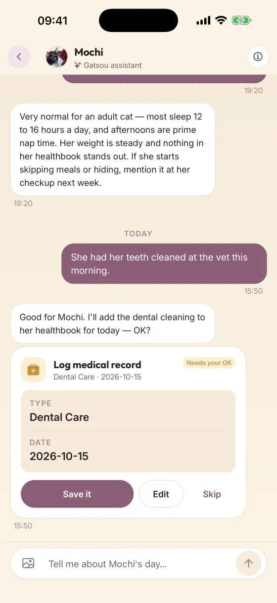 The Gatsou assistant asking before it saves a dental cleaning to the healthbook